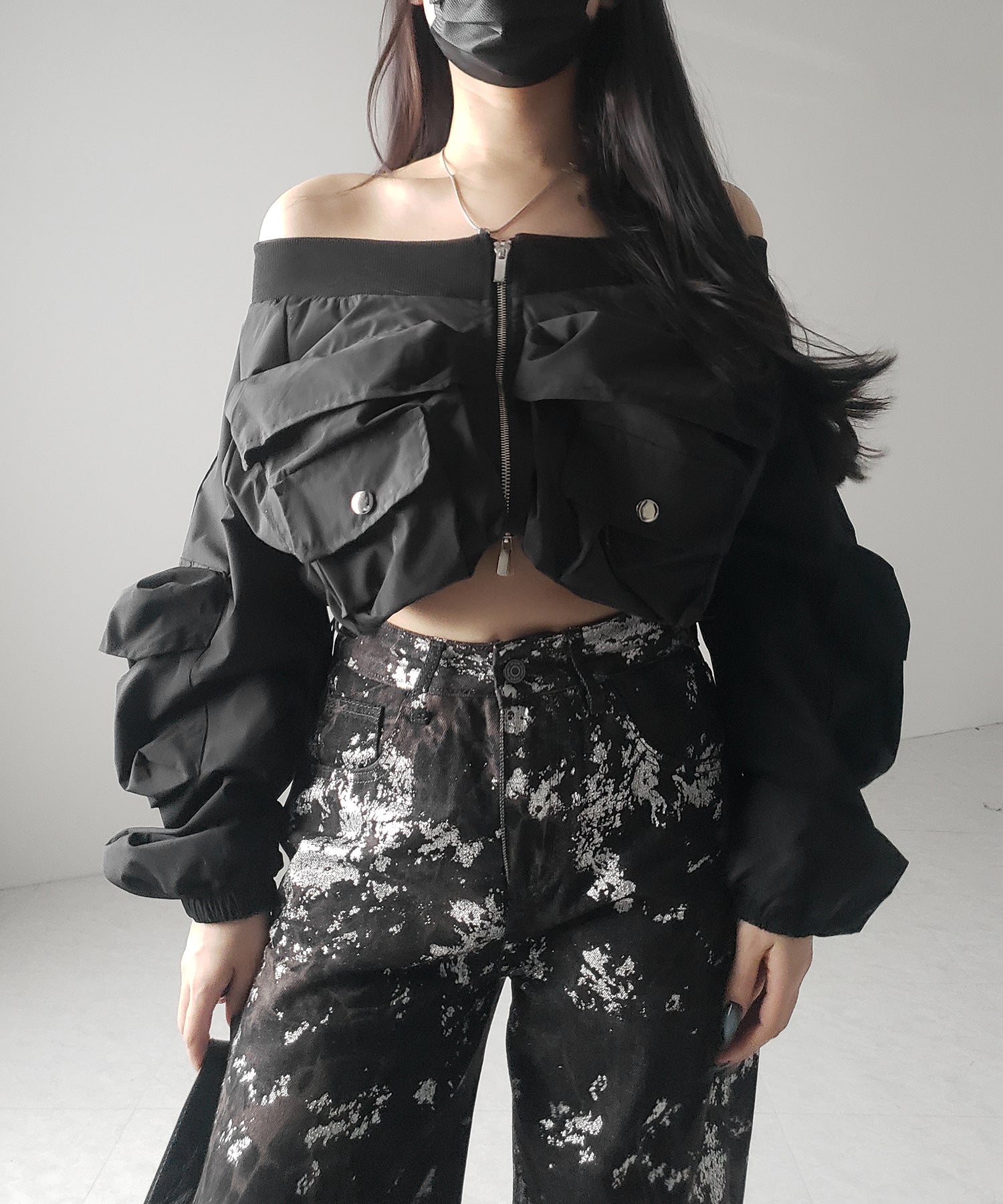 【 ３SIZE 】箔プリントブリーチヴィンテージワイドデニム ／ Foil print bleached vintage wide denim