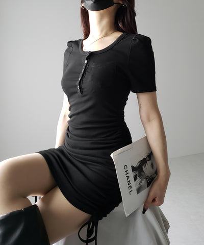 【 ２color 】シャーリングリボンヘンリーネックミニワンピース ／ shirring ribbon henley neck mini onepiece