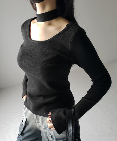 【 ２color 】チョーカーリブニットトップス ／choker lib knit tops