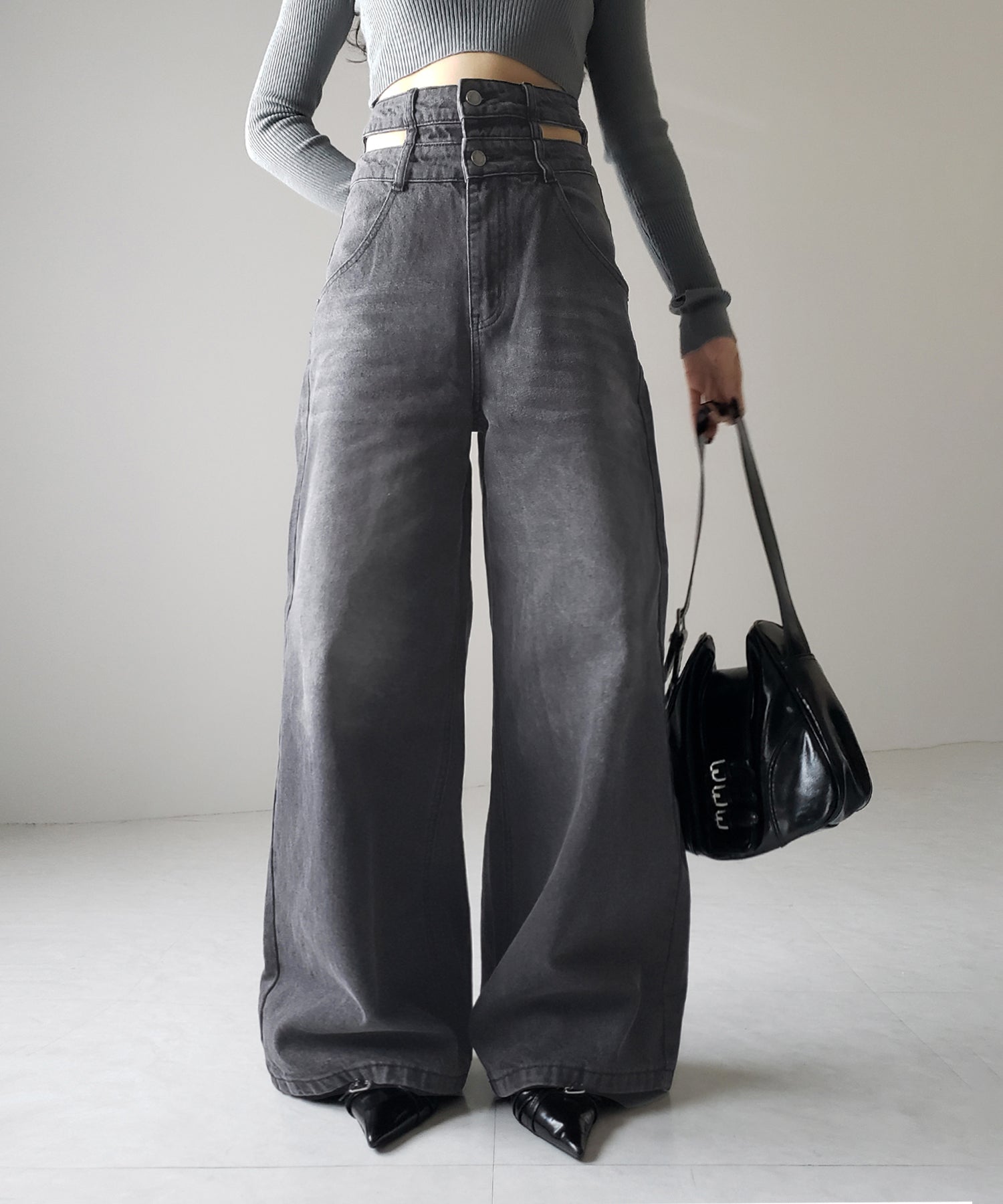 【２color ／４size 】カットアウトダブルハイウエストワイドデニム ／　cutout double high waist wide denim