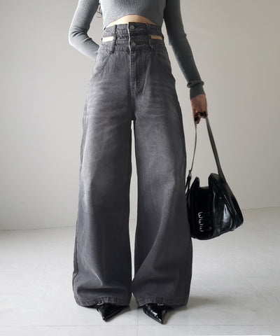 【２color ／４size 】カットアウトダブルハイウエストワイドデニム ／　cutout double high waist wide denim