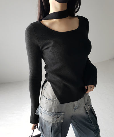 【 ２color 】チョーカーリブニットトップス ／choker lib knit tops