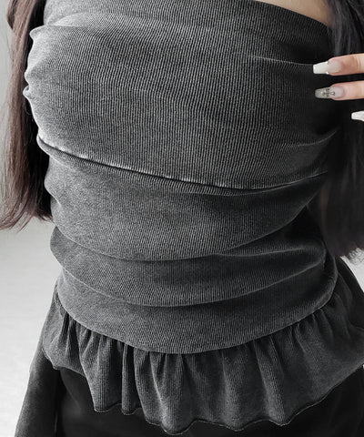 【 ２color 】ヴィンテージピグメントフリルベアトップス ／ vintage pigment frill bare tops