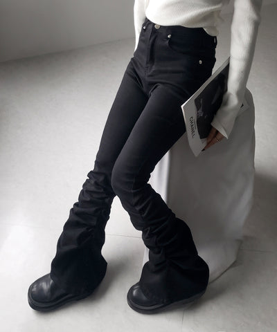 ヘムシャーリングギャザーストレッチフレアパンツ ／ Hem shirring gather stretch flare pants