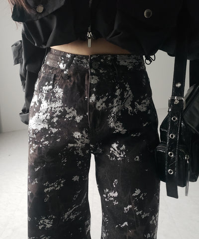 【 ３SIZE 】箔プリントブリーチヴィンテージワイドデニム ／ Foil print bleached vintage wide denim