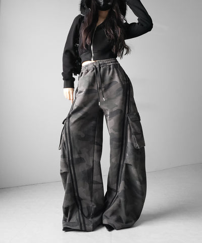 【 裾絞り可能２WAY 】カモフラヴィンテージサイドラインタックワイドスウェットパンツ ／ camouflage vintage side line tuck wide sweatpants