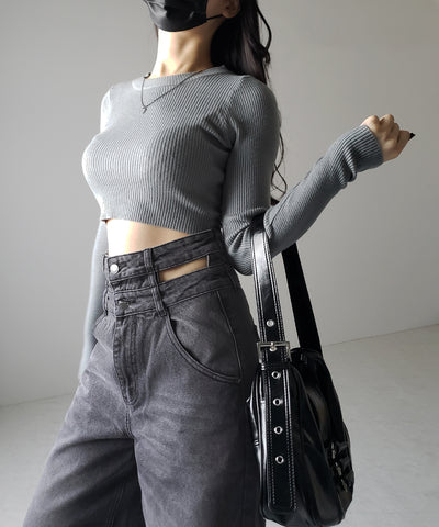 【２color ／４size 】カットアウトダブルハイウエストワイドデニム ／　cutout double high waist wide denim