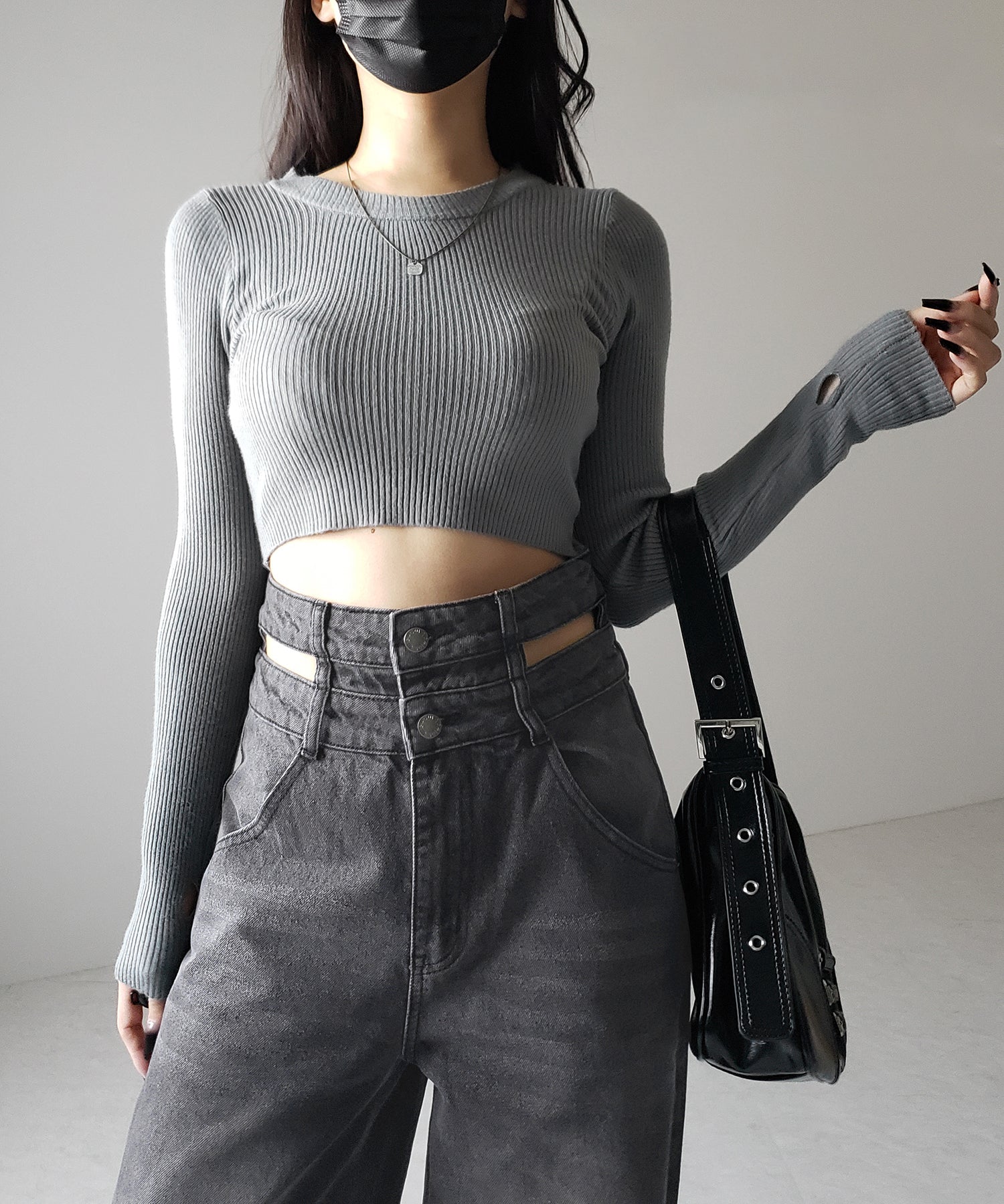 【２color ／４size 】カットアウトダブルハイウエストワイドデニム ／　cutout double high waist wide denim