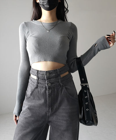 【２color ／４size 】カットアウトダブルハイウエストワイドデニム ／　cutout double high waist wide denim