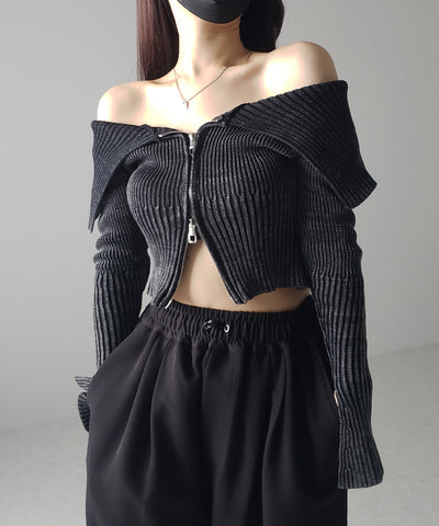 【 ３color 】ダブルジップスリットオフショルリブニット