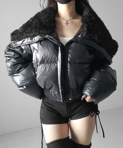 フェイクファー襟レディパフショートダウンジャケット ／ fakefur collar lady puff short down jacket
