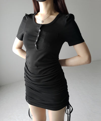【 ２color 】シャーリングリボンヘンリーネックミニワンピース ／ shirring ribbon henley neck mini onepiece