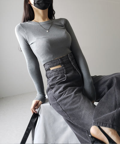 【２color ／４size 】カットアウトダブルハイウエストワイドデニム ／　cutout double high waist wide denim
