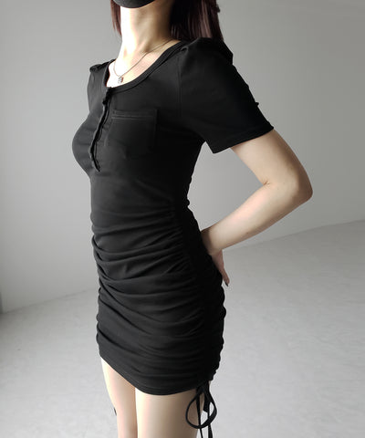 【 ２color 】シャーリングリボンヘンリーネックミニワンピース ／ shirring ribbon henley neck mini onepiece