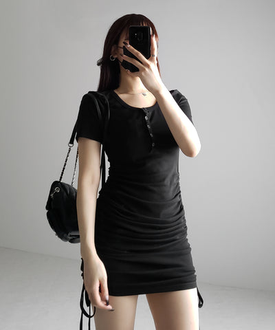 【 ２color 】シャーリングリボンヘンリーネックミニワンピース ／ shirring ribbon henley neck mini onepiece