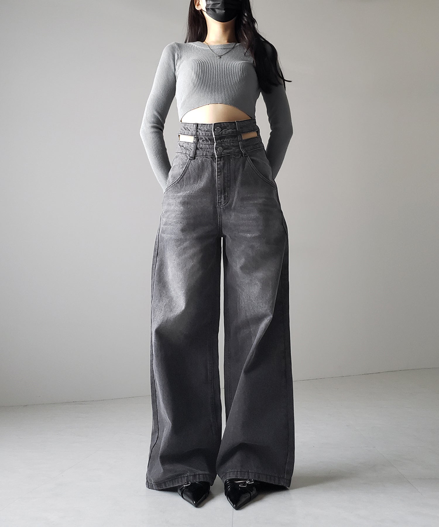 【２color ／４size 】カットアウトダブルハイウエストワイドデニム ／　cutout double high waist wide denim
