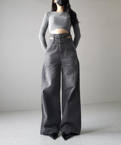 【２color ／４size 】カットアウトダブルハイウエストワイドデニム ／　cutout double high waist wide denim