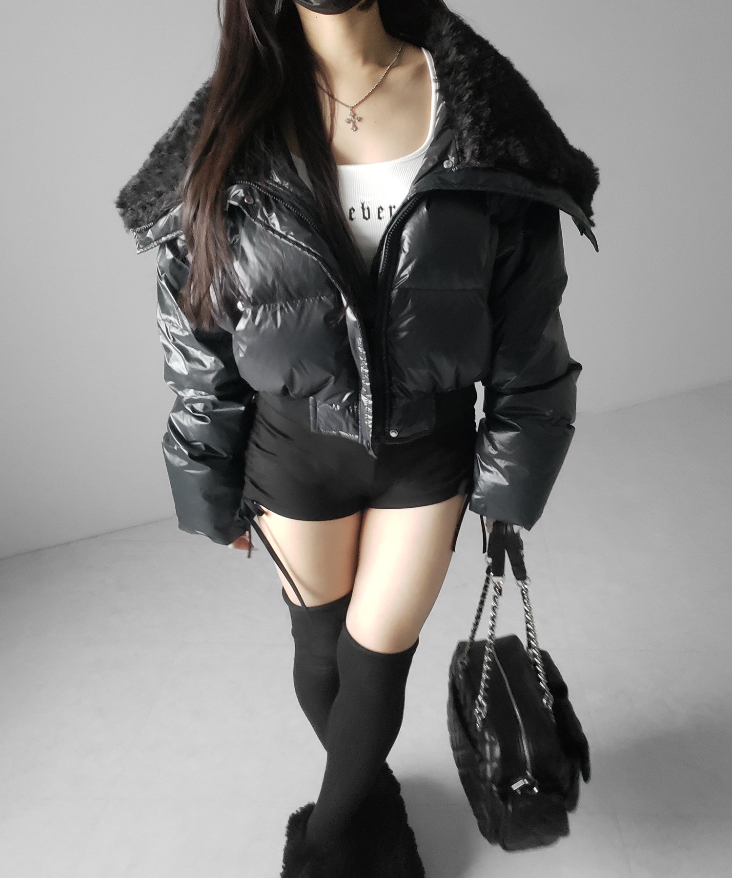 フェイクファー襟レディパフショートダウンジャケット ／ fakefur collar lady puff short down jacket