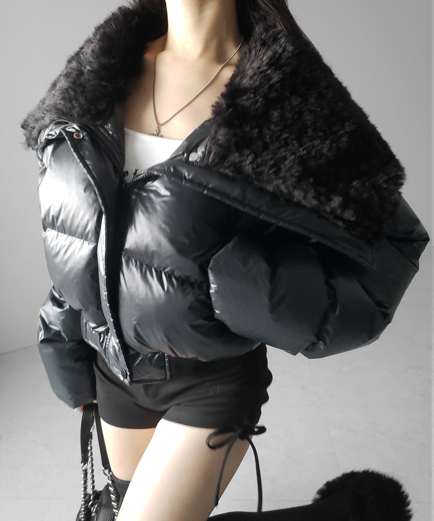 フェイクファー襟レディパフショートダウンジャケット ／ fakefur collar lady puff short down jacket