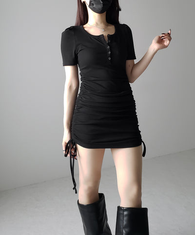 【 ２color 】シャーリングリボンヘンリーネックミニワンピース ／ shirring ribbon henley neck mini onepiece
