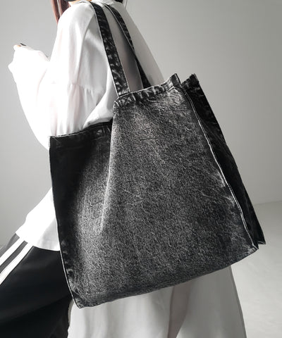 【 ２color 】ヴィンテージケミカルブリーチビッグスクエアデニムトートバッグ ／ vintage chemical bleach big square denim tote bag