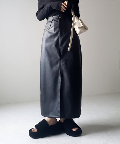 【 ３color ／ ３size 】フロントスリットヴィンテージフェイクレザースカート