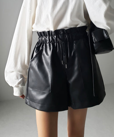 【 ４COLOR 】ハイウエストシャーリングレザーショートパンツ