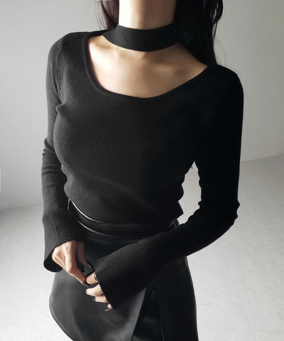 【 ２color 】チョーカーリブニットトップス ／choker lib knit tops