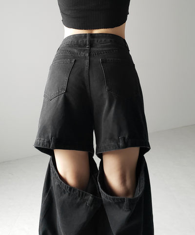 【 選べる３サイズ 】バックオープンカットアウトウォッシュワイドデニム ／ Back open cutout washed wide denim