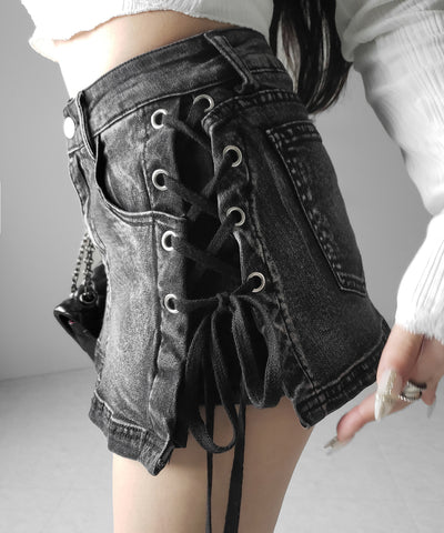 【 インパン裏地付き 】レースアップマイクロデニムミニスカパン ／ Lace-up micro denim mini skirt pants