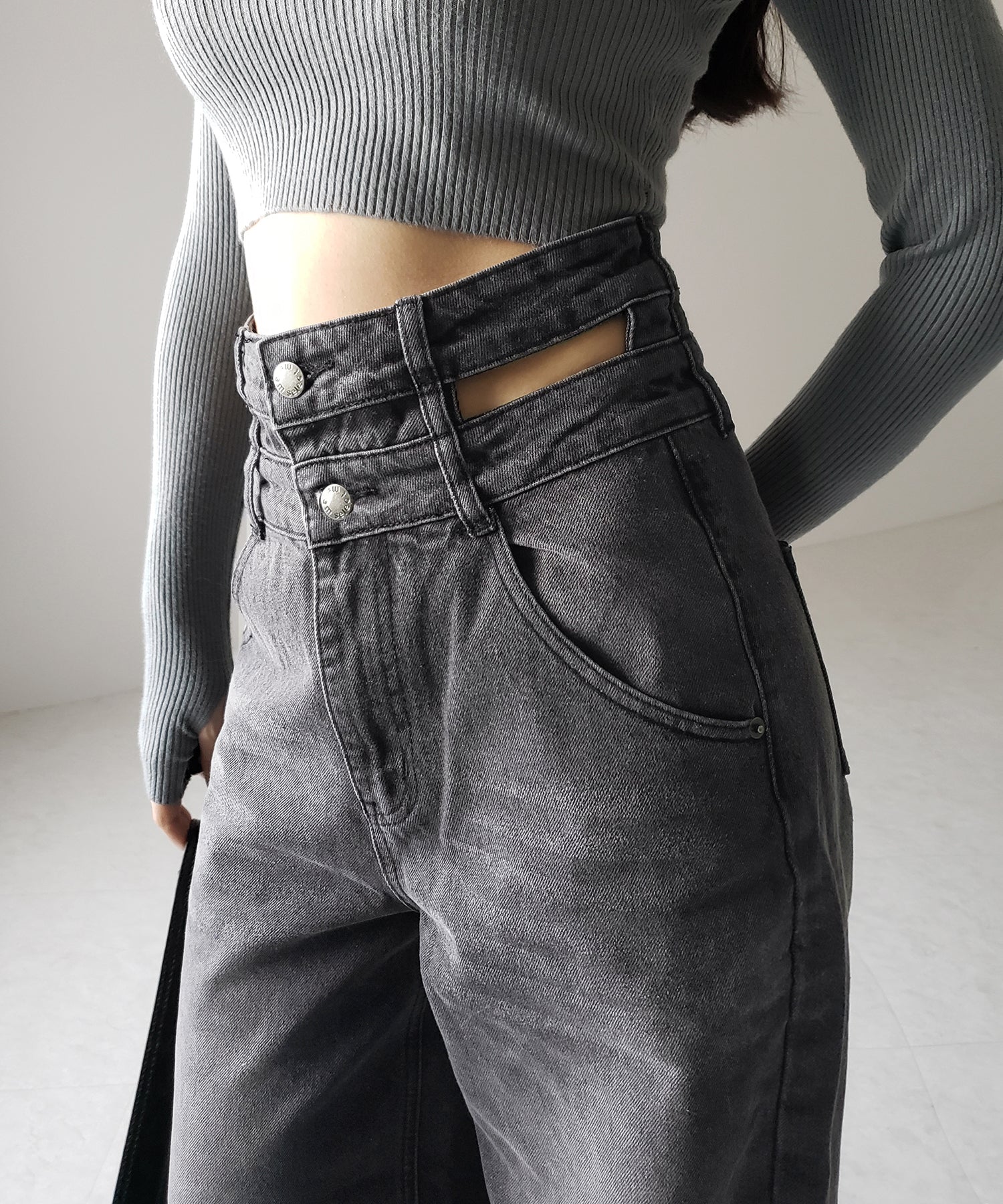 【２color ／４size 】カットアウトダブルハイウエストワイドデニム ／　cutout double high waist wide denim
