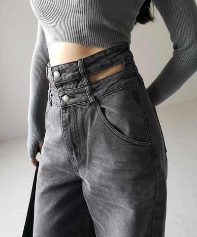 【２color ／４size 】カットアウトダブルハイウエストワイドデニム ／　cutout double high waist wide denim