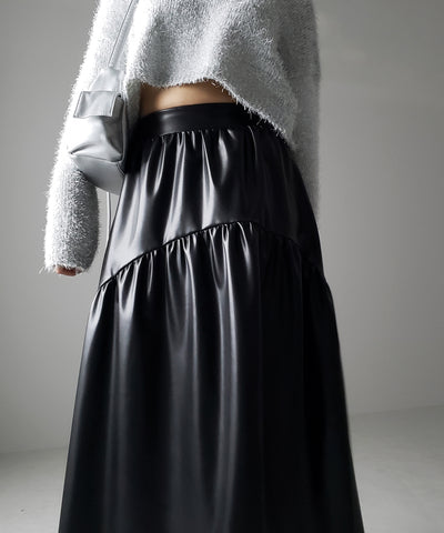 【 ２color 】メタリックフェイクレザーギャザーフレアスカート ／ metallic fake leather gather flare skirt