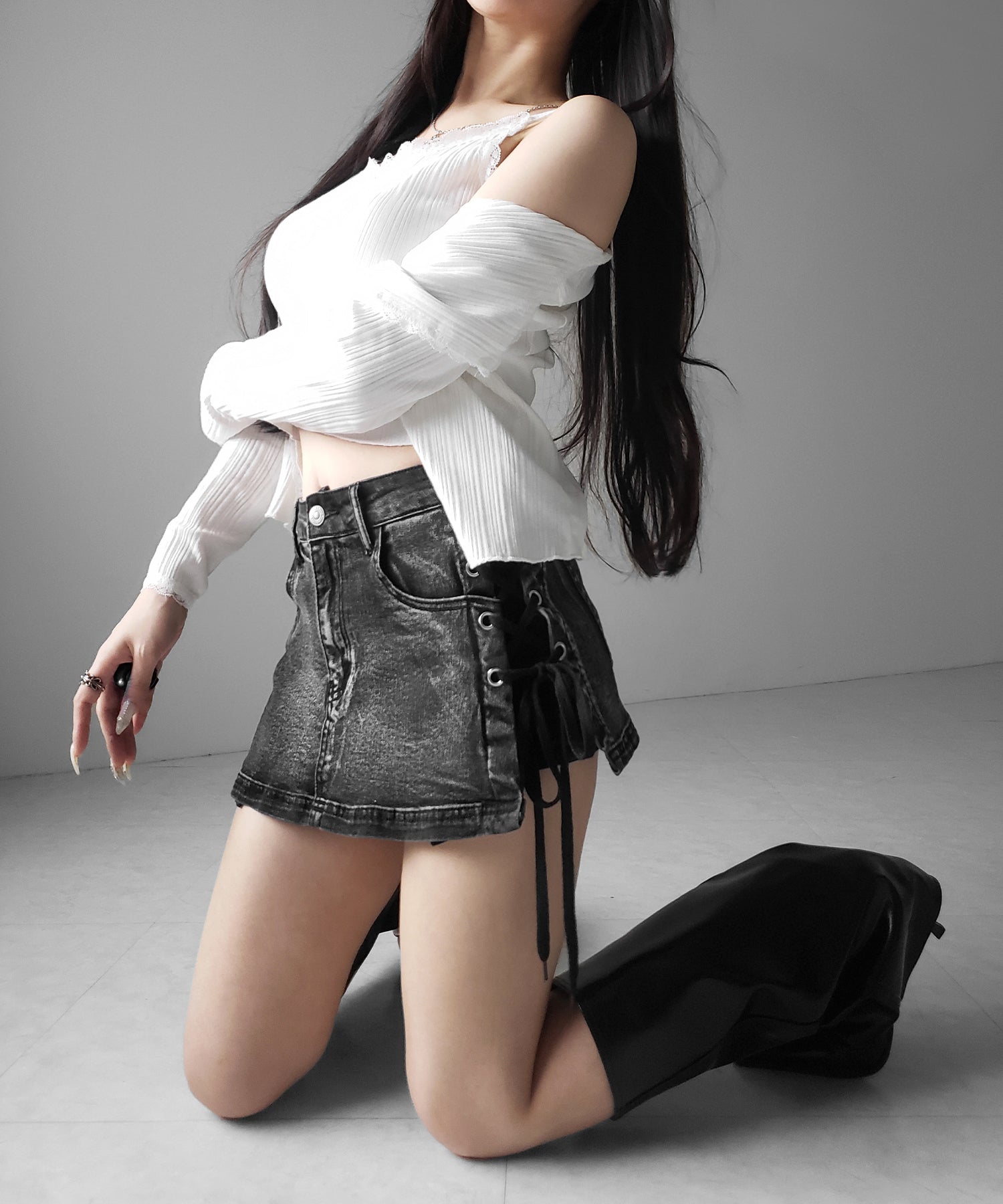 【 インパン裏地付き 】レースアップマイクロデニムミニスカパン ／ Lace-up micro denim mini skirt pants