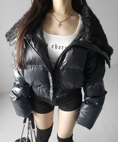 フェイクファー襟レディパフショートダウンジャケット ／ fakefur collar lady puff short down jacket