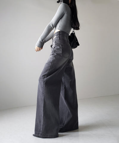 【２color ／４size 】カットアウトダブルハイウエストワイドデニム ／　cutout double high waist wide denim