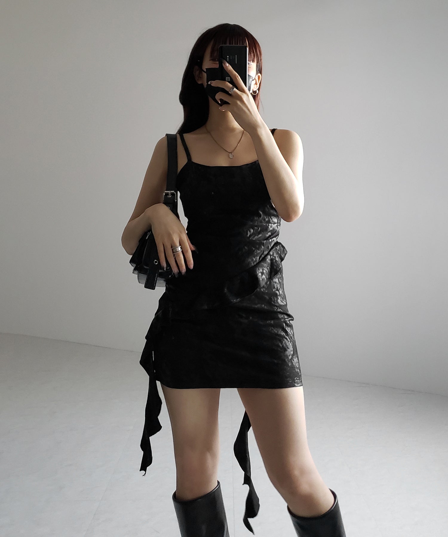【 ２color 】ヴィンテージスエードアシンメトリーフリルキャミワンピース ／ vintage suede asymmetry frill cami onepiece