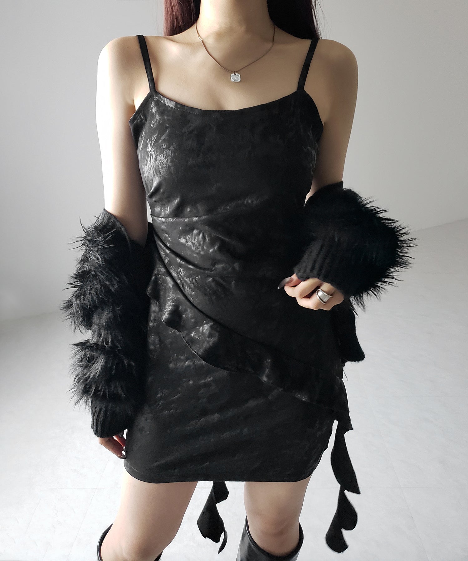 【 ２color 】ヴィンテージスエードアシンメトリーフリルキャミワンピース ／ vintage suede asymmetry frill cami onepiece
