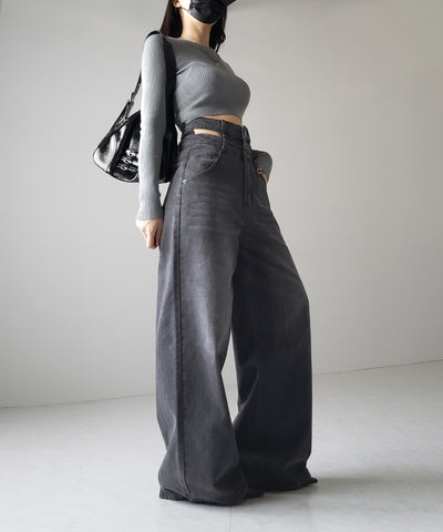 【２color ／４size 】カットアウトダブルハイウエストワイドデニム ／　cutout double high waist wide denim