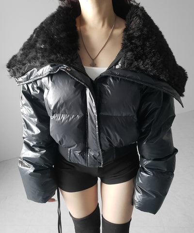 フェイクファー襟レディパフショートダウンジャケット ／ fakefur collar lady puff short down jacket