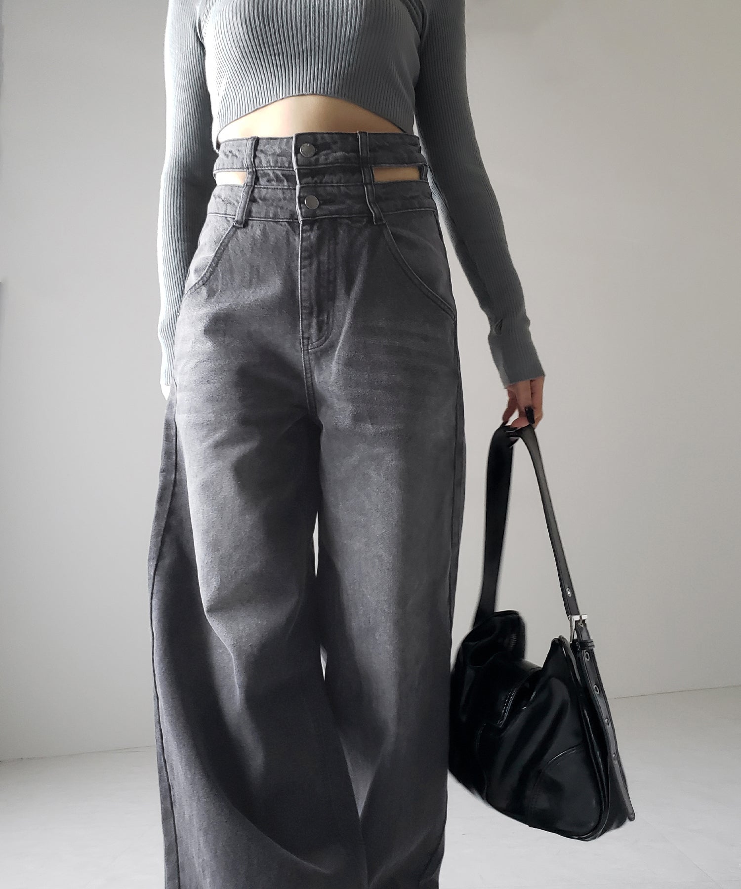 【２color ／４size 】カットアウトダブルハイウエストワイドデニム ／　cutout double high waist wide denim