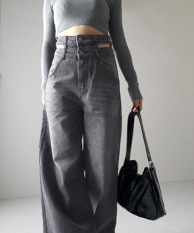 【２color ／４size 】カットアウトダブルハイウエストワイドデニム ／　cutout double high waist wide denim