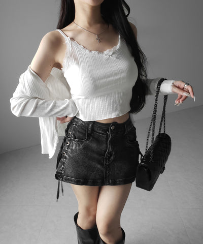 【 インパン裏地付き 】レースアップマイクロデニムミニスカパン ／ Lace-up micro denim mini skirt pants
