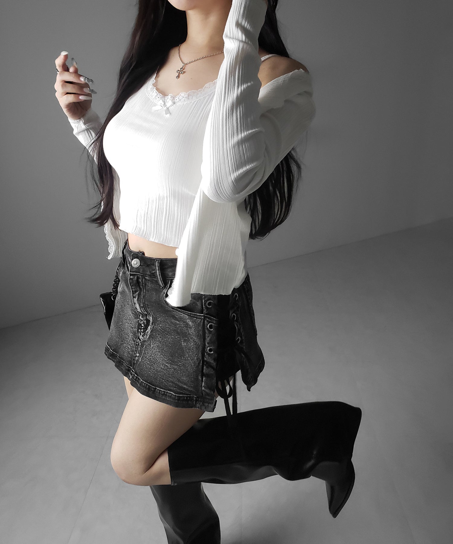 【 インパン裏地付き 】レースアップマイクロデニムミニスカパン ／ Lace-up micro denim mini skirt pants