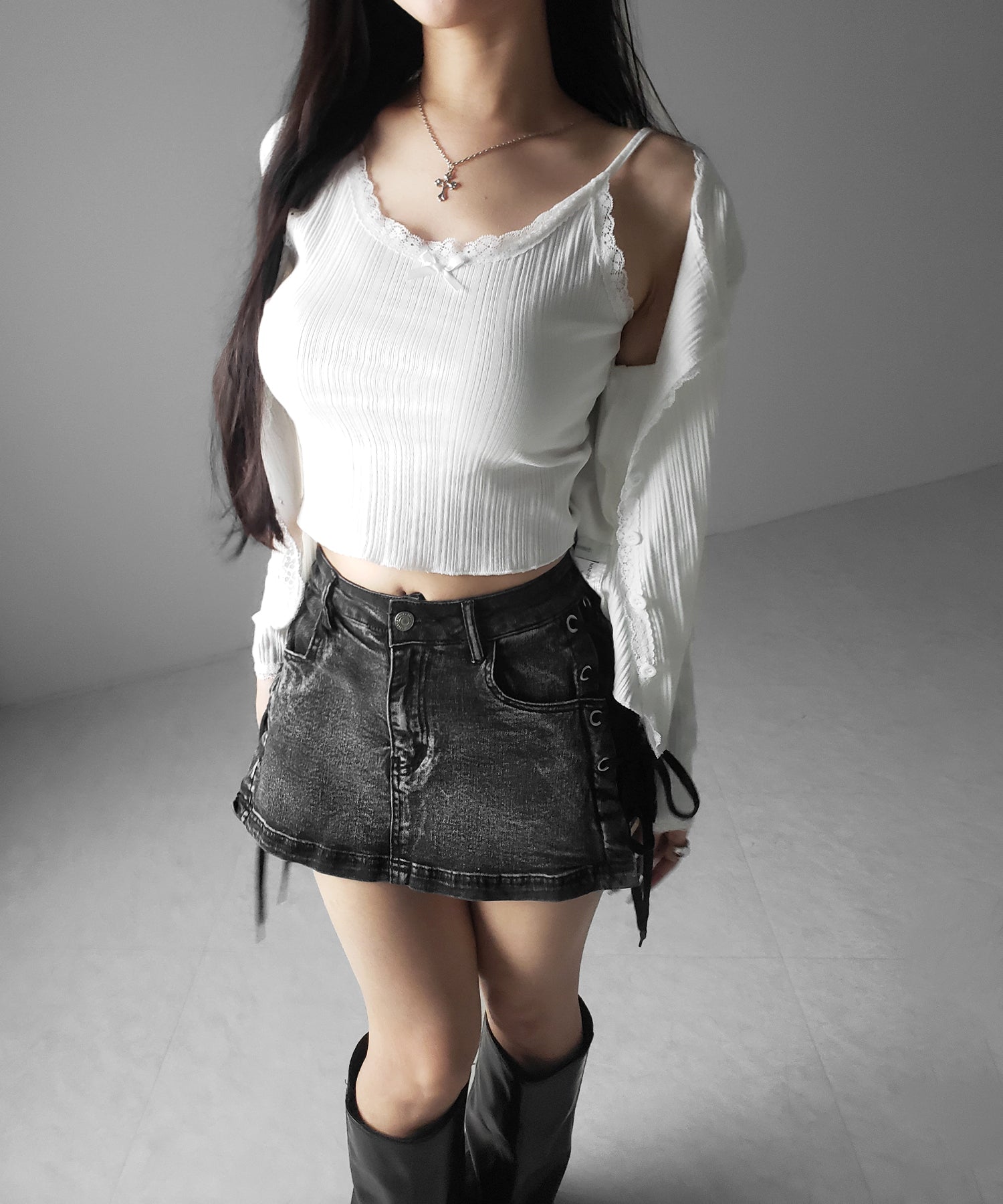 【 インパン裏地付き 】レースアップマイクロデニムミニスカパン ／ Lace-up micro denim mini skirt pants