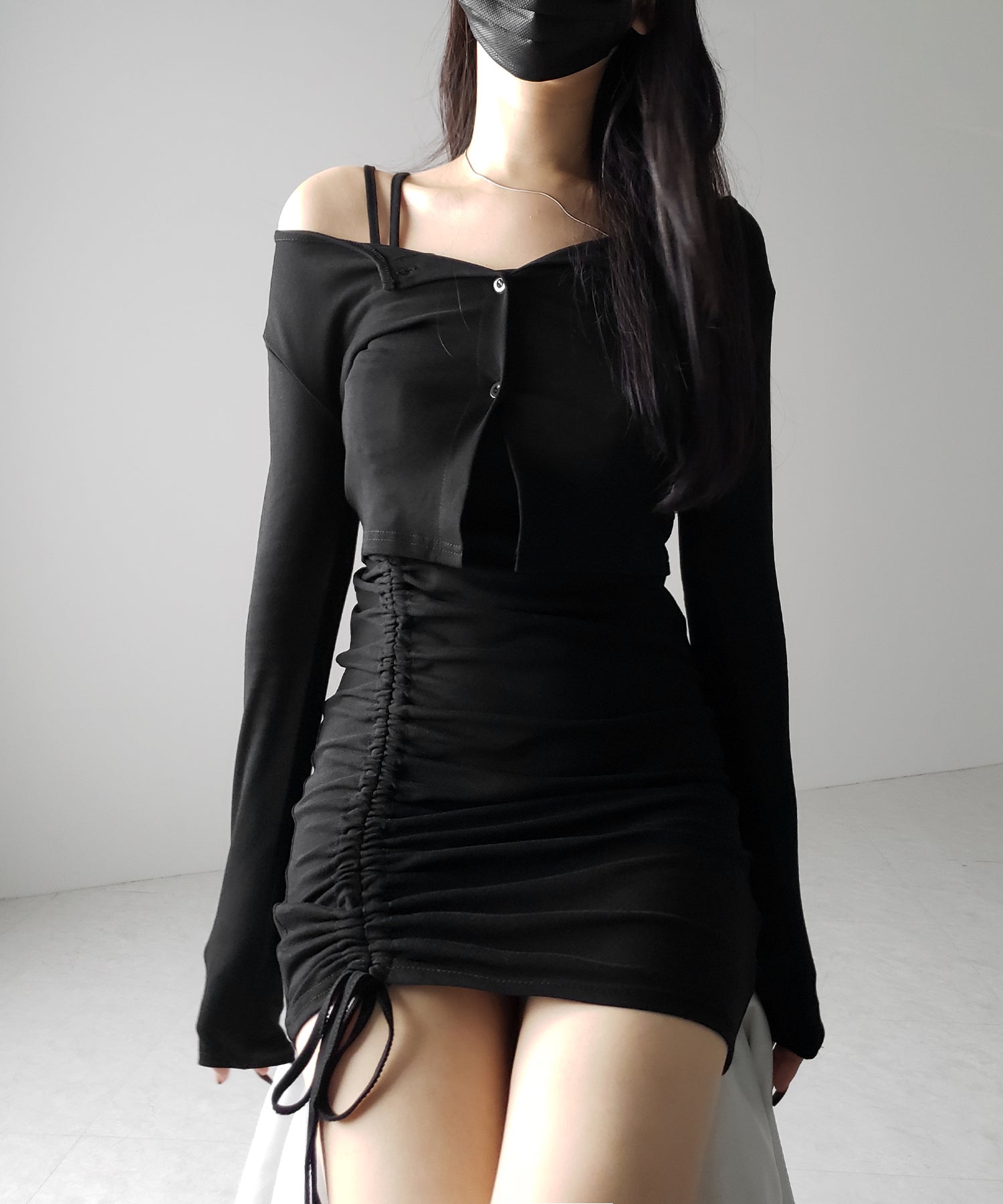 【 ２点セット 】シャーリングサイドリボンミニワンピース ＆ カーディガン SET ／ shirring side ribbon mini onepiece ＆ cardigan SET
