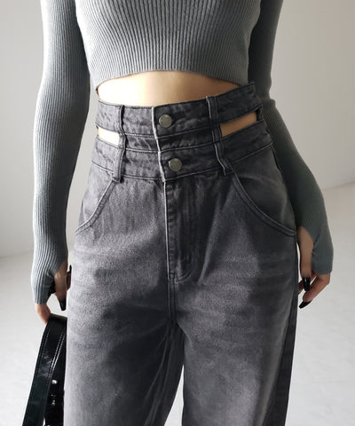 【２color ／４size 】カットアウトダブルハイウエストワイドデニム ／　cutout double high waist wide denim