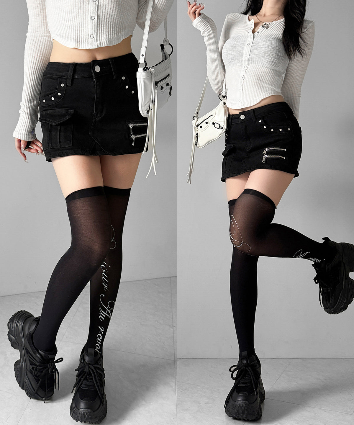 スタッズジップデザインストレッチデニムミニスカパン／ studs zip design stretch denim mini skirt pants