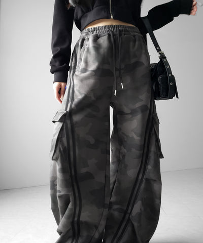 【 裾絞り可能２WAY 】カモフラヴィンテージサイドラインタックワイドスウェットパンツ ／ camouflage vintage side line tuck wide sweatpants