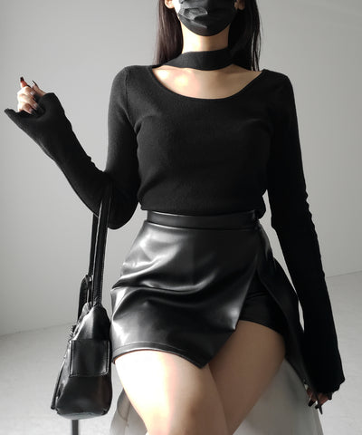 【 ２color 】チョーカーリブニットトップス ／choker lib knit tops